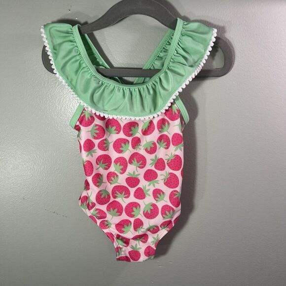 Floatimini Girls One Piece Swimsuit, pink w/ Berry Pattern&Green Trim, size 18M - Picture 1 of 4
